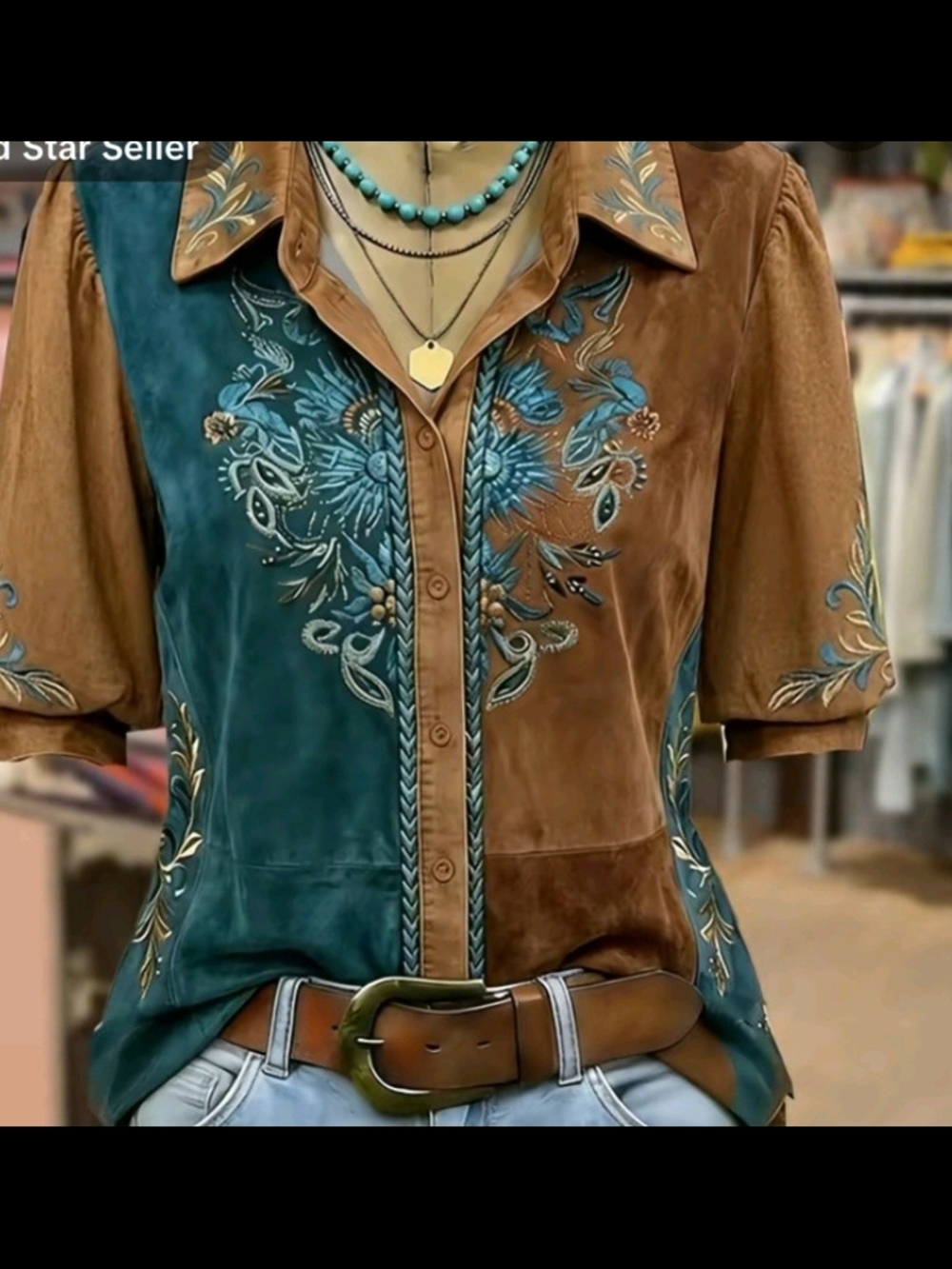 Embroidered Two-Tone Teal and Brown Button-Down Western Shirt